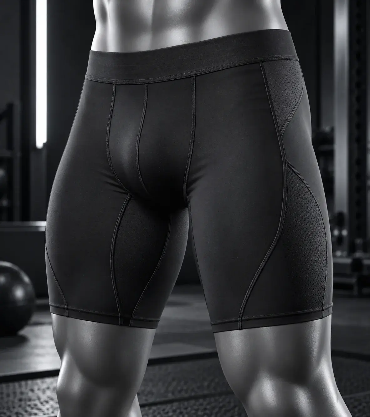 lack custom compression shorts displayed on a silver mannequin, featuring a snug athletic fit, wide elastic waistband, flatlock stitching, and breathable perforated side panels in a modern fitness studio.